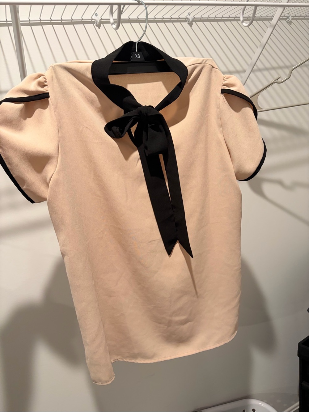 Chiffon Bow Tie Blouse in Blush with Black Trim